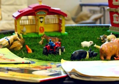 Table display with farm, animals and books in Godmanchester preschool