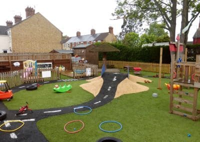 garden area in March nursery, astro turf surface with a road, toys
