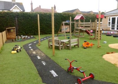 garden area in March nursery, playground and toys